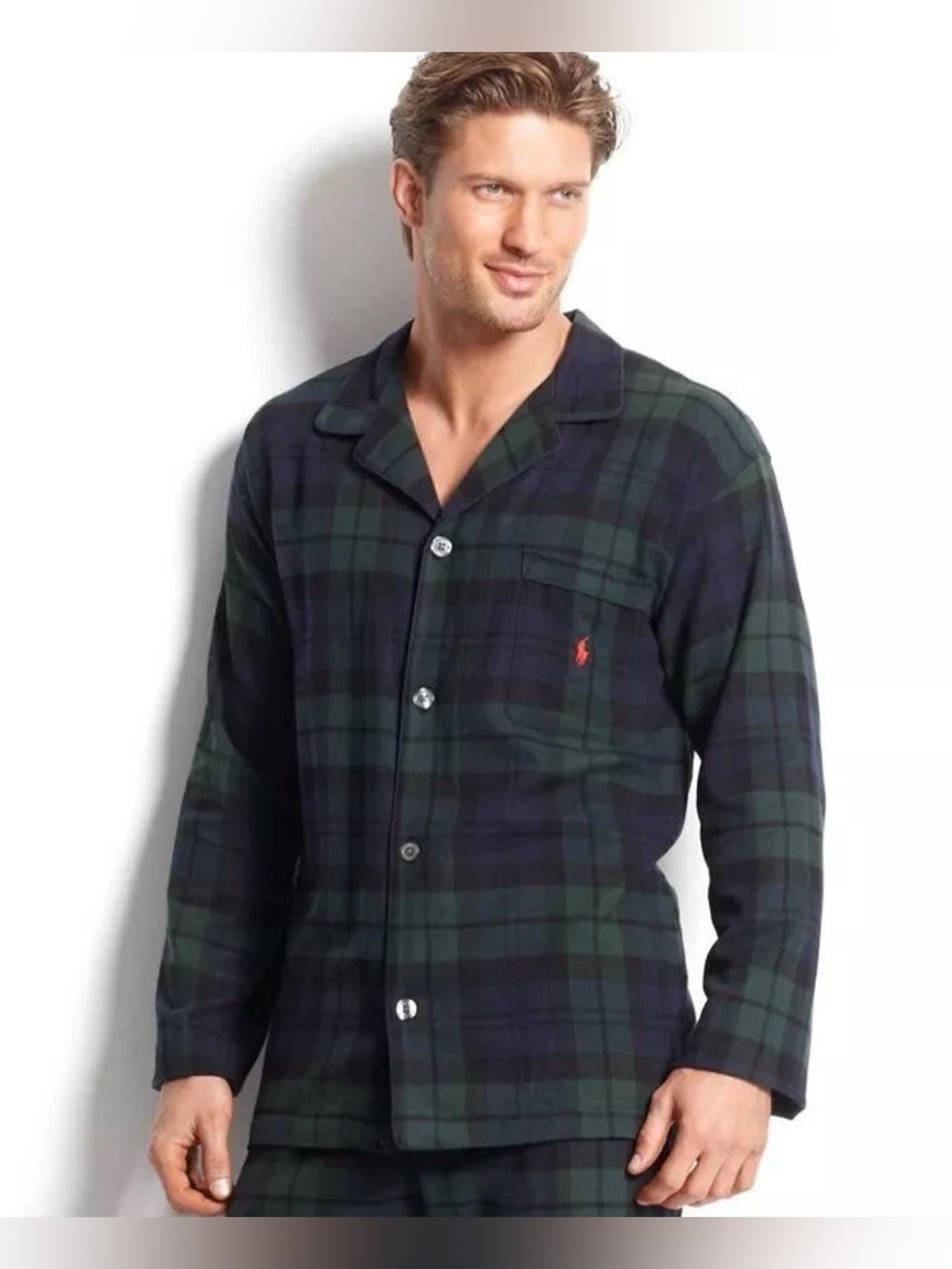 Polo Ralph Lauren Mens Pajama Top Medium Black Watch Plaid Flannel Sleepwear